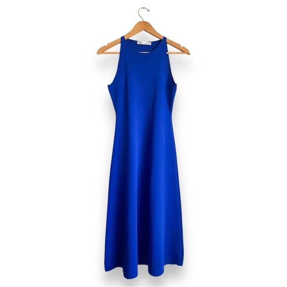 Zara Cobalt Blue Aline Knit Midi Dress Royal Resort Travel Cruise Wedding Halter - Picture 5 of 12